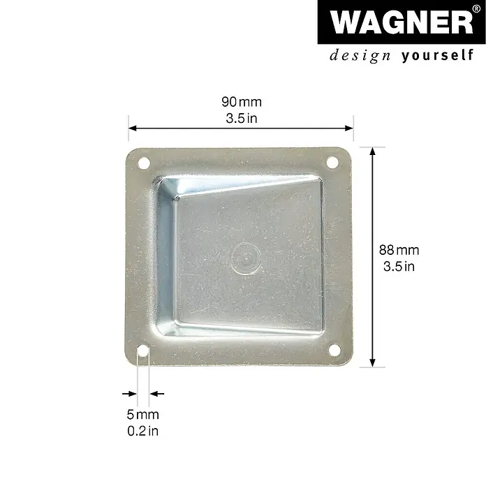 Wagner System Anschraubplatte - L x B: 90 x 88 mm, Stahl, Silber - Produktansicht eines quadratischen WAGNER Möbelgriffs mit Maßangaben.