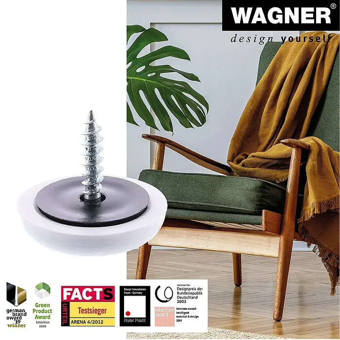 Wagner System Filzgleiter Hyper Slim - Durchmesser: 20 mm, 4 Stk., Mit Schraube - Bild eines Wagner-Möbelgleiters mit Schraube vor einem Stuhl, zusammen mit Auszeichnungen und Logos.