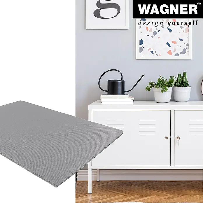 Wagner System Bodenschutzmatte - L x B x H: 420 x 297 x 4 mm, 1 Stk., Grau, Kleben - Das Bild zeigt eine graue Zuschnittplatte, vielseitig einsetzbar für verschiedene DIY-Projekte und Handwerksarbeiten. Ideal für kreative Gestaltung.