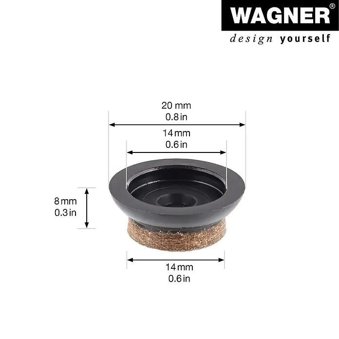 Wagner System Filzgleiter Syno - Durchmesser: 20 mm, 80 Stk., Nageln, Schwarz - Detailaufnahme eines Möbelgleiters mit Maßangaben. Ideal zum Schutz von Böden.