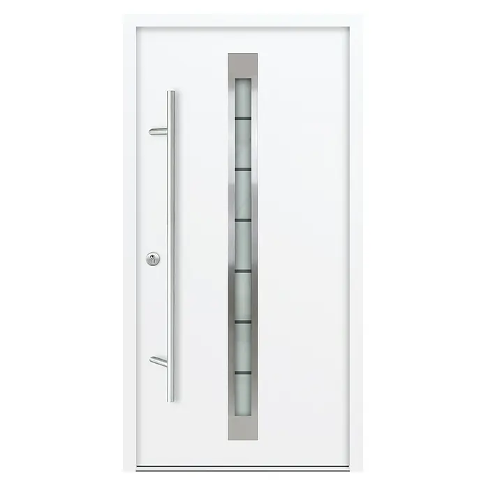 FM Türen Haustür AC68-520 - 100 x 200 cm, DIN Anschlag: Links, Weiß - Moderne weiße Haustür mit einem senkrechten Fensterstreifen und einem langen, schlanken Türgriff. Stilvolles Design für einen einladenden Eingang.