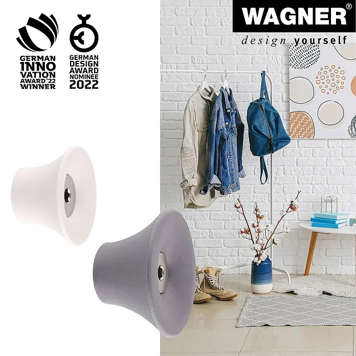 Wagner System Garderobenhaken-Set - Ø x H: 50 x 30 mm, Schiefergrau, Lichtgrau, 4 Stk. - Wandgarderoben-Designelemente in Weiß und Grau, präsentiert vor modernem Raum mit Kleiderständer.
