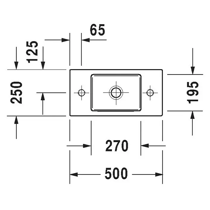 Duravit Vero Air Waschbecken - 50 x 25 cm, Ohne Spezialglasur, Hahnloch: Ohne, Ohne Überlauf, Weiß - Technische Zeichnung eines rechteckigen Waschbeckens mit Maßen für Installation.