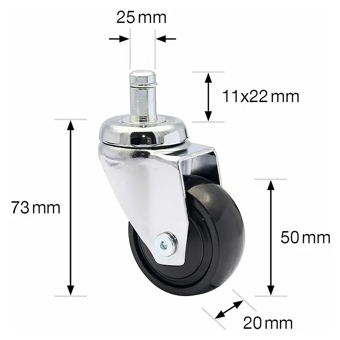 Wagner System Design-Lenkrolle 3C - Durchmesser Rollen: 50 mm, Traglast: 50 kg, Mit Feststeller und Gewindestift, 5 Stk., Silber - Produktbild eines Möbelrades mit den Maßangaben 25 mm, 11x22 mm, 73 mm, 50 mm und 20 mm.