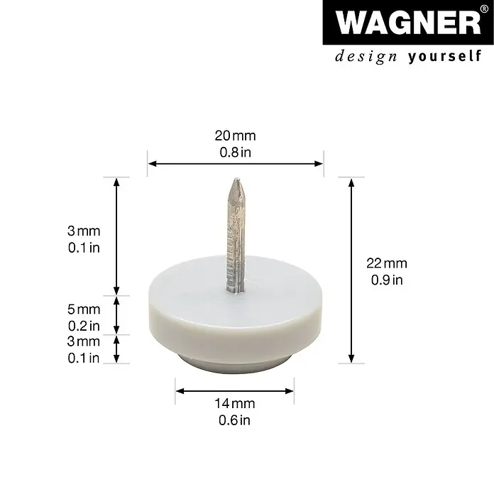 Wagner System Filzgleiter Ultrasoft - Durchmesser: 20 mm, 80 Stk., Mit Stift, Weiß - Abbildung eines Stuhlschutzes mit Nagel und den zugehörigen Maßen.
