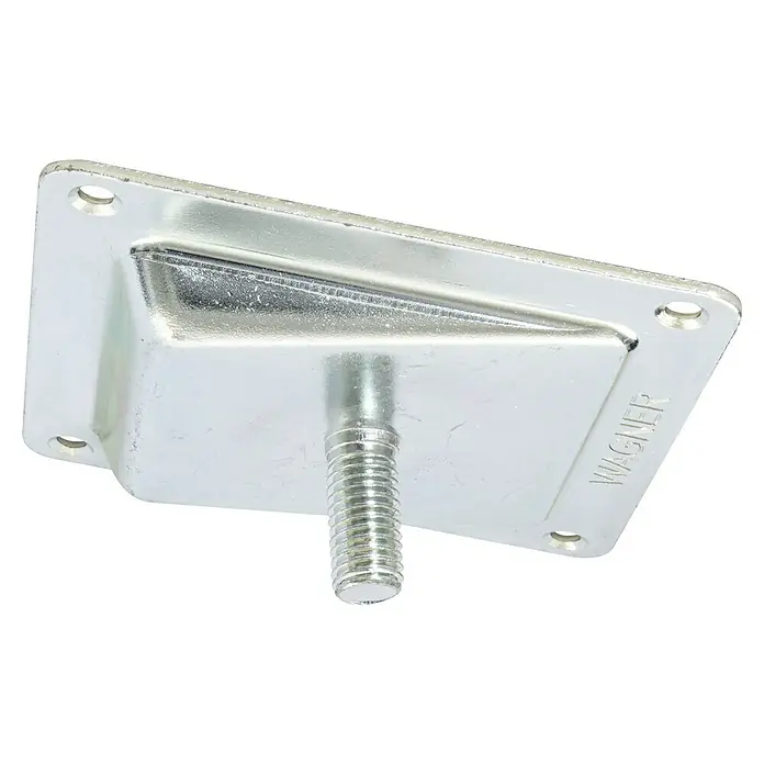 Wagner System Anschraubplatte - L x B: 90 x 88 mm, Stahl, Silber - Produktansicht eines silberfarbenen Möbelfußes mit Gewinde und Montageplatte. Ideal für Möbelbau und Reparaturen.