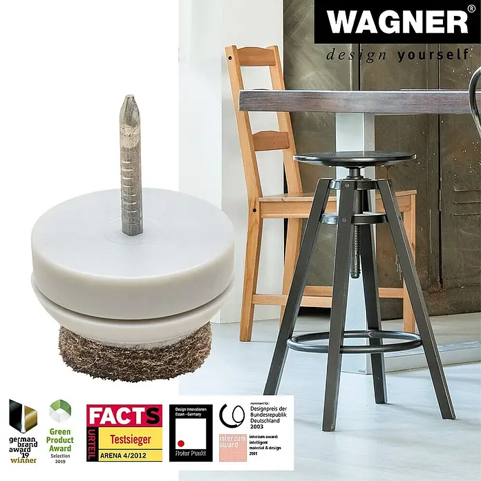 Wagner System Filzgleiter Ultrasoft - Durchmesser: 20 mm, 80 Stk., Mit Stift, Weiß - Produktbild eines Wagner-Stuhlgleiters mit verschiedenen Auszeichnungen im Hintergrund.