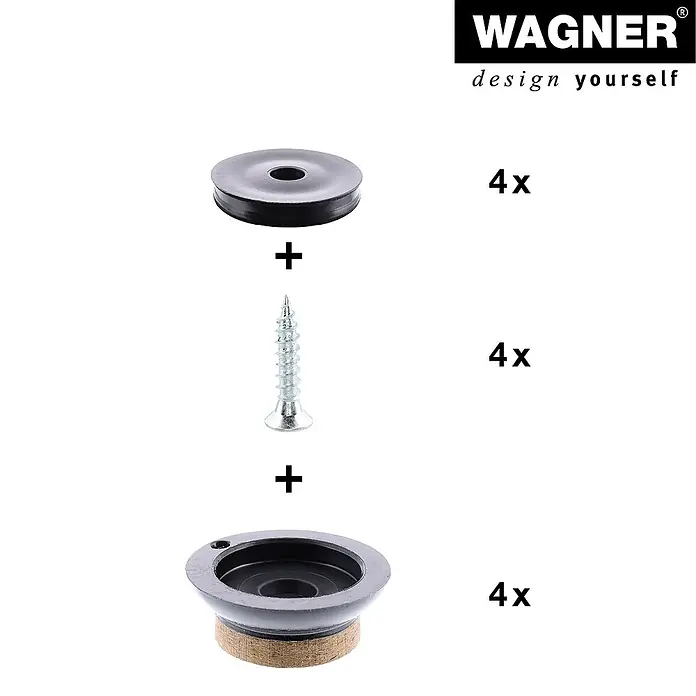 Wagner System Filzgleiter Syno Slim - Durchmesser: 20 mm, 4 Stk., Mit Schraube - Das Bild zeigt ein Set aus Möbelgleitern von Wagner, bestehend aus einer schwarzen Scheibe, einer Schraube und einem Gleiter mit Filzgleitfläche.