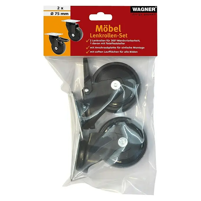 Wagner System Design-Lenkrolle - Durchmesser Rollen: 75 mm, Traglast: 75 kg, Mit Platte und Feststeller, Schwarz - Verpackung mit 2 Möbel-Lenkrollen (Ø 75 mm) von Wagner, davon eine mit Feststellbremse. Ideal zur einfachen Montage und für alle Böden.