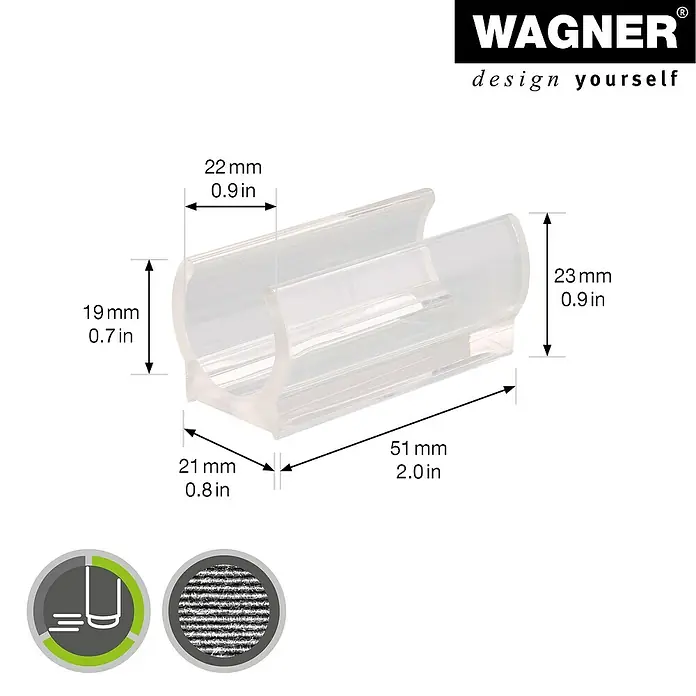Wagner System Klemmschalengleiter - Durchmesser: 22 mm, Kunststoff, 4 Stk. - Eine Nahaufnahme eines transparenten Wagner-Clips mit Größenangaben, ideal zur Befestigung verschiedener Gegenstände.