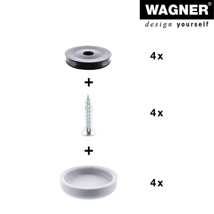 Wagner System Filzgleiter Hyper Slim - Durchmesser: 17 mm, 4 Stk., Mit Schraube - Wagner Design Gleiter-Set: Das Bild zeigt eine schwarze Gleitscheibe, eine Schraube und eine graue Abdeckung, jeweils in vierfacher Ausführung.