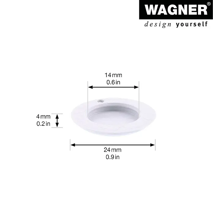 Wagner System Filzgleiter Hyper Slim - Durchmesser: 25 mm, 4 Stk., Mit Schraube - Produktbild eines weißen Gleiters von Wagner mit den Maßen 24mm Durchmesser, 4mm Höhe und 14mm Innendurchmesser.