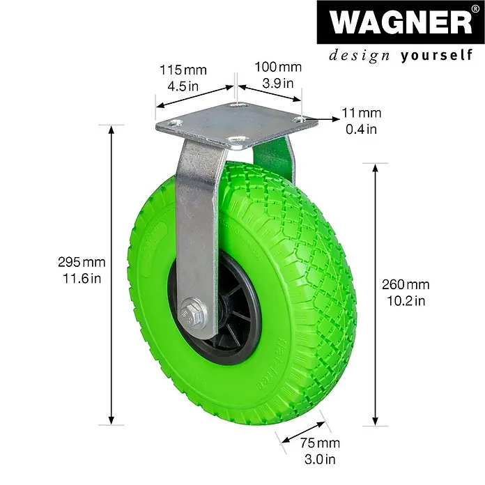 Wagner System Transportgeräte-Bockrolle - Durchmesser Rollen: 260 mm, Traglast: 100 kg, Kugellager, Höhe: 295 mm - Abbildung eines grünen Wagner Schwerlastrades mit den Maßen 295 mm Höhe und 260 mm Durchmesser, ideal für den Transport schwerer Lasten.