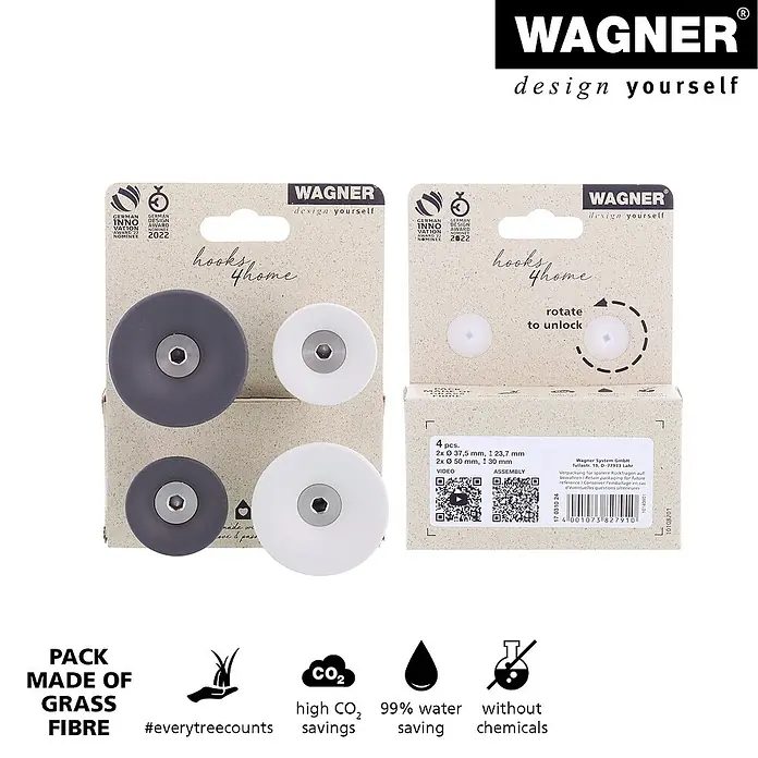 Wagner System Garderobenhaken-Set - Ø x H: 50 x 30 mm, Schiefergrau, Lichtgrau, 4 Stk. - Abgebildet sind die 'Hooks 4 Home' von Wagner, ein Set aus Wandhaken in Grau und Weiß, verpackt in umweltfreundlicher Graspapierverpackung.