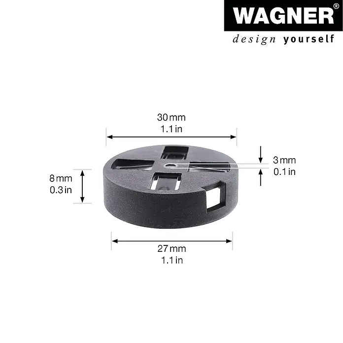 Wagner System Filzgleiter Equalizer Usoft/Hyper - Durchmesser: 30 mm, Schrauben, 4 Stk. - Detailaufnahme einer runden, schwarzen Kunststoffscheibe mit Maßen und dem Wagner Logo, die ein funktionales Zubehörteil darstellt.