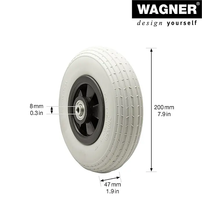 Wagner System Transportgeräte-Bockrolle - Durchmesser Rollen: 200 mm, Traglast: 75 kg, Höhe: 200 mm - Nahaufnahme eines grauen Wagner-Rads mit Größenangaben für Durchmesser, Breite und Bohrung.