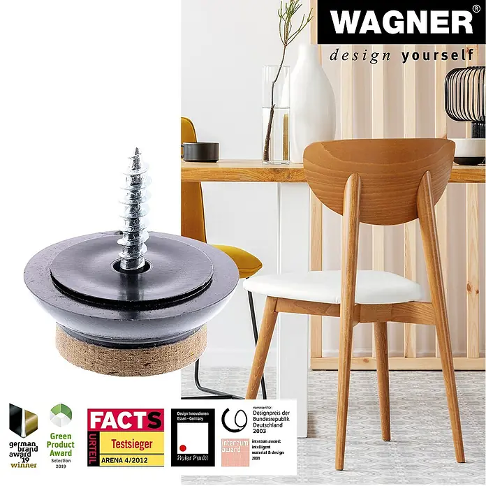 Wagner System Filzgleiter Syno Slim - Durchmesser: 20 mm, 4 Stk., Mit Schraube - Produktfoto eines Wagner-Stuhlgleiters mit Schraube und Filzgleitfläche, ideal für den Schutz von Böden vor Kratzern.