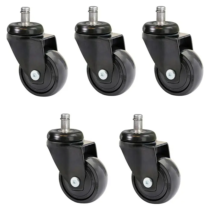 Wagner System Design-Lenkrolle 3C - Durchmesser Rollen: 50 mm, Traglast: 50 kg, Mit Gewindestift, 5 Stk., Schwarz - Fünf schwarze Bürostuhlrollen mit Stiftaufnahme sind auf einem schwarzen Hintergrund abgebildet.