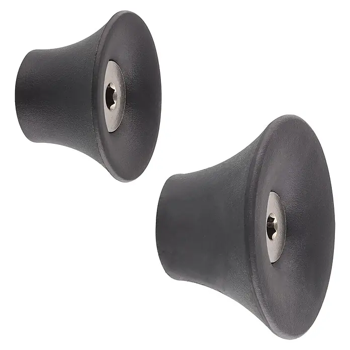 Wagner System Garderobenhaken-Set - Ø x H: 50 x 30 mm, Schwarz, 4 Stk. - Zwei schwarze Geräteköpfe mit silbernen Innensechskantschrauben auf schwarzem Hintergrund.