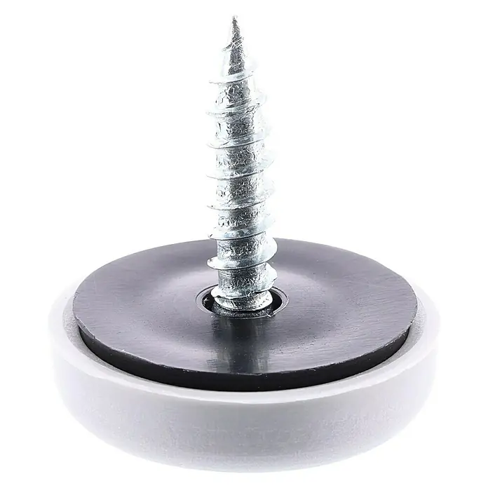 Wagner System Filzgleiter Hyper Slim - Durchmesser: 17 mm, 4 Stk., Mit Schraube - Nahaufnahme einer Möbelschraube mit weißem Gleiter und schwarzem Einsatz vor schwarzem Hintergrund.