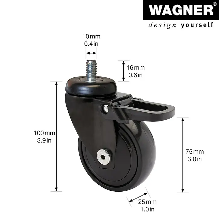Wagner System Design-Lenkrolle - Durchmesser Rollen: 75 mm, Traglast: 75 kg, Mit Feststeller und Gewindestift - Abbildung des Wagner Möbelrollers mit detaillierten Maßangaben in Millimetern und Zoll.