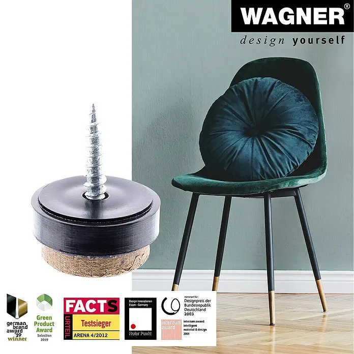 Wagner System Filzgleiter Syno Slim - Durchmesser: 17 mm, 4 Stk., Mit Schraube - Produktabbildung: Ein Möbelgleiter mit Schraube und Filzgleitfläche, daneben ein Stuhl mit Kissen und Auszeichnungen.