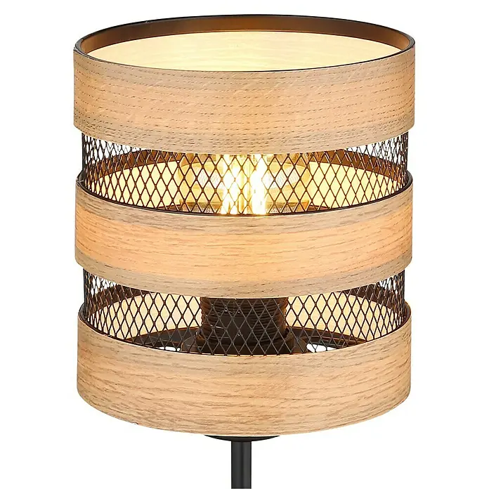 Globo Lámpara de sobremesa redonda Soeni - 40 W, Ø x Al: 15 x 33,5 cm, Negro/Madera, E27 - Una elegante lámpara de pie con una pantalla cilíndrica de madera y malla metálica para una iluminación agradable.