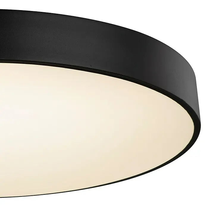 Globo Plafón redondo Wiss - 48 W, Ø x Al: 600 mm x 62,5 cm, Negro - Primer plano de una lámpara de techo redonda negra con un elemento de iluminación blanco difuso.