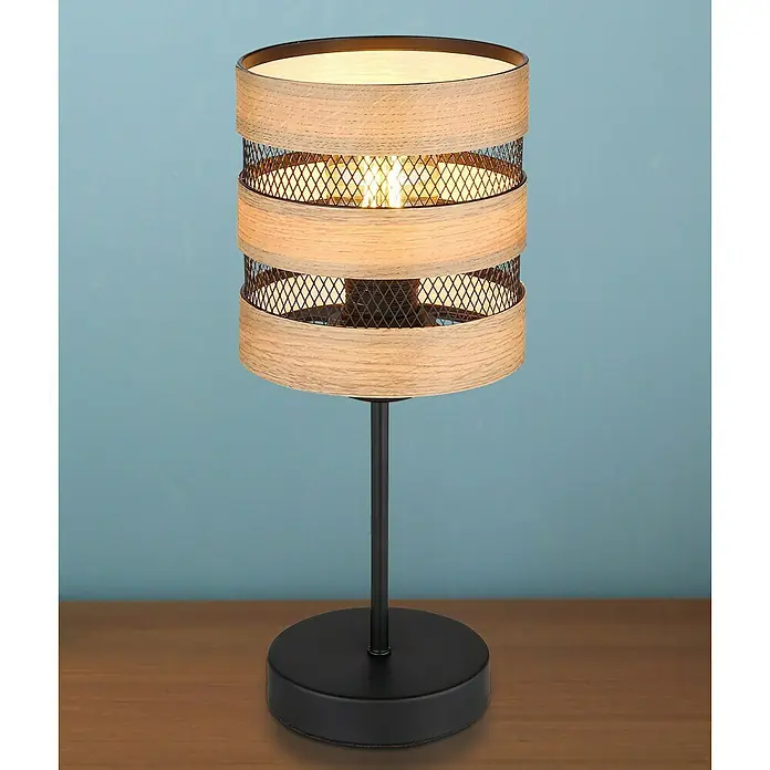 Globo Lámpara de sobremesa redonda Soeni - 40 W, Ø x Al: 15 x 33,5 cm, Negro/Madera, E27 - Elegante lámpara de mesa con detalles de madera y base de metal negro, que irradia una luz cálida. Perfecta como elemento decorativo.