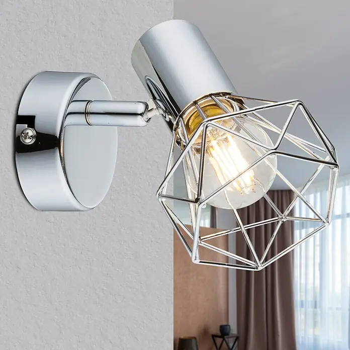 Globo Xara I Foco de pared - 40 W, L x An x Al: 13 x 10 x 15 cm, Plateado, Plateado, E14 - Lámpara de pared moderna con acabado cromado y pantalla geométrica, ideal para interiores elegantes.