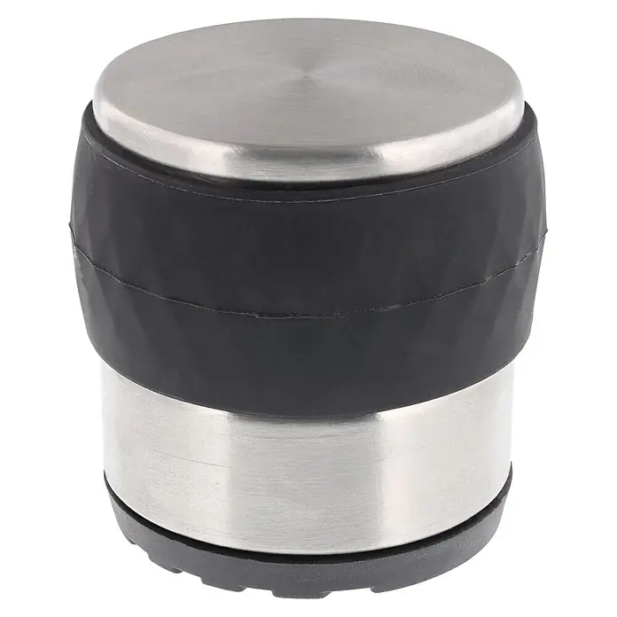 Wagner System Bodentürstopper EH5212 - Ø x H: 71 x 70 mm, Stahl - Nahaufnahme eines runden Türstoppers aus Metall und Gummi, der auf einer ebenen Fläche steht.