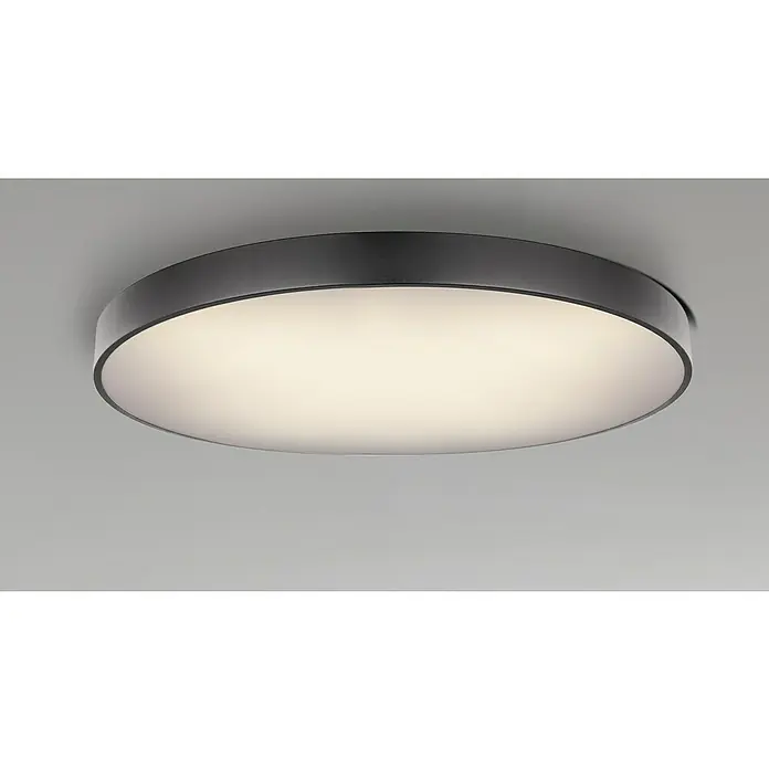 Globo Plafón redondo Wiss - 48 W, Ø x Al: 600 mm x 62,5 cm, Negro - Primer plano de una lámpara de techo LED redonda con un elegante marco negro, que emite una luz difusa cálida en un interior moderno.