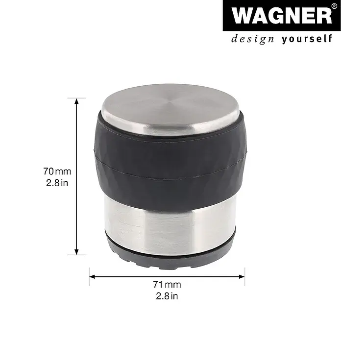 Wagner System Bodentürstopper EH5212 - Ø x H: 71 x 70 mm, Stahl - Bild eines Türstoppers aus Edelstahl und Gummi mit den Maßen 70 mm Höhe und 71 mm Durchmesser.