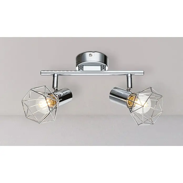 Globo Xara I Regleta - 80 W, L x An x Al: 9,3 x 25,5 x 15 cm, Plateado, Plateado, E14, 2 ud. - Dos focos de techo cromados con pantallas geométricas y bombillas iluminadas. Iluminación moderna para el hogar.