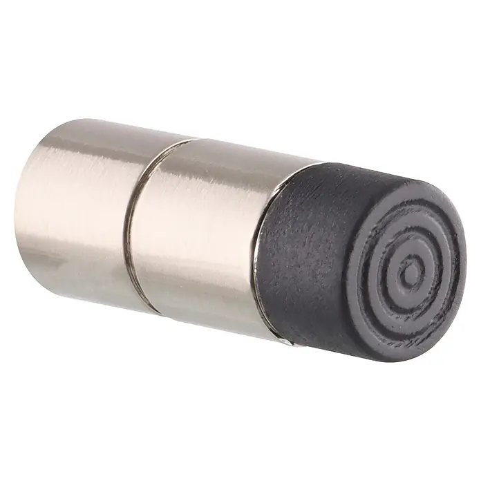 Wagner System Wandtürstopper EH5113 - 1 Stk., Edelstahl-Optik - Nahaufnahme eines magnetischen Türstoppers mit polierter Chromoberfläche und schwarzem Gummipuffer mit konzentrischen Kreisen.