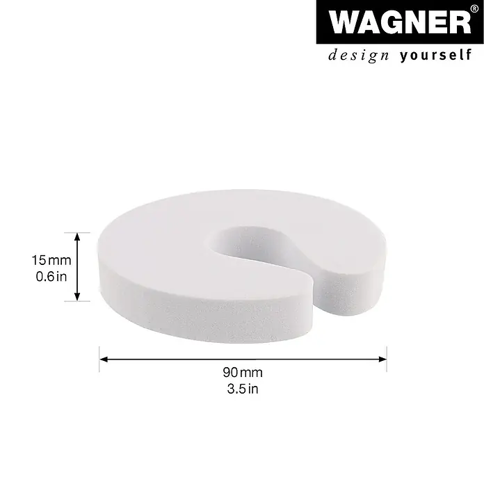 Wagner System Türkeil EH6904 - B x H: 90 x 15 mm, Weiß - Das Bild zeigt einen weißen Türstopper der Marke Wagner mit den Maßen 90 mm x 15 mm. Er ist U-förmig und aus Schaumstoff.