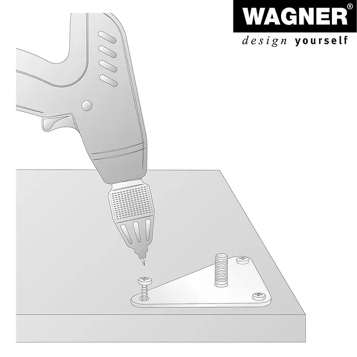 Wagner System Anschraubplatte - B x L: 110 x 140 mm, Stahl - Illustration einer Wagner Farbspritzpistole beim Anbringen einer Halterung. Für Heimwerkerprojekte und DIY.