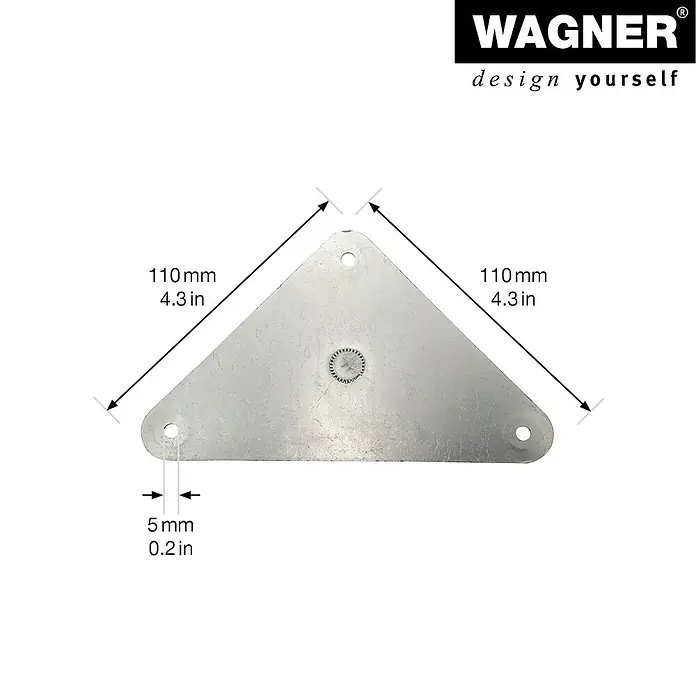 Wagner System Anschraubplatte - B x L: 110 x 140 mm, Stahl - Dreieckige Möbelverbinderplatte von Wagner mit Lochbohrungen zur einfachen Montage, Maße sind auf dem Bild angegeben.