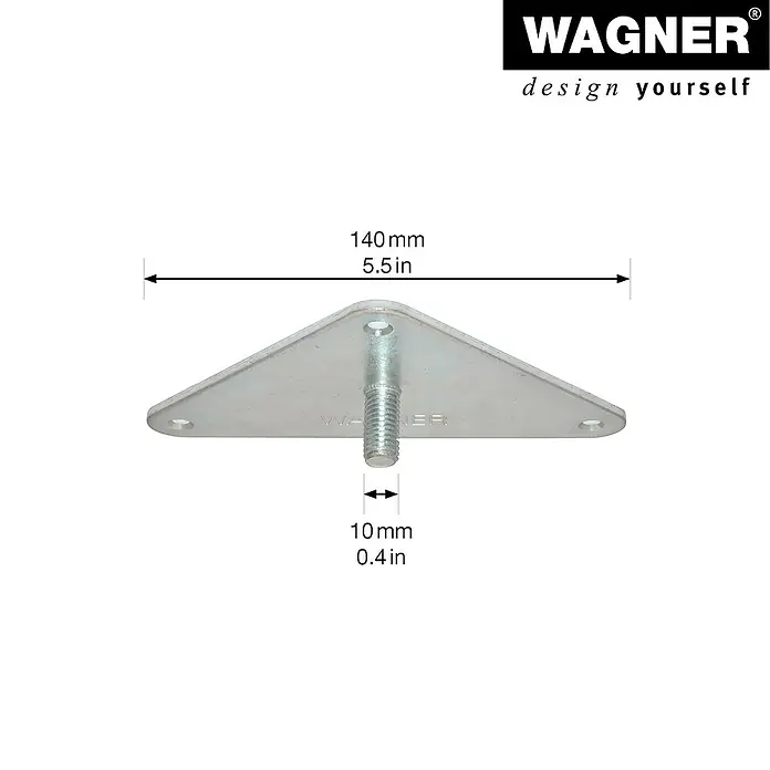 Wagner System Anschraubplatte - B x L: 110 x 140 mm, Stahl - Produktbild einer Dreiecksplatte mit Gewinde, Abmessungen 140 mm x 10 mm.