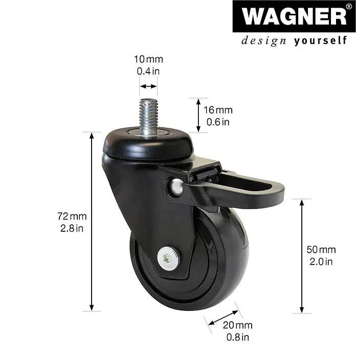 Wagner System Design-Lenkrolle - Durchmesser Rollen: 50 mm, Traglast: 50 kg, Mit Feststeller und Gewindestift - Bild einer schwarzen Lenkrolle mit Maßen.