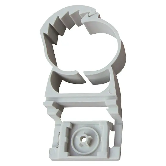 Fischer Abrazadera para clavadora - Diámetro: 20 mm - 25 mm, 50 ud., Específico para: Clavadora de aire FGC 100 - Primer plano de una abrazadera de tubo de plástico utilizada para fijar tubos o cables. El componente es gris y hecho de material plástico duradero.