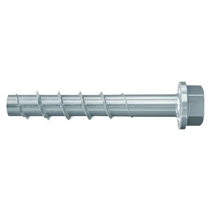 Fischer Surtido de tacos y tornillos Duoline - 91 pzs. - Primer plano de un tornillo de acero para hormigón con rosca y cabeza hexagonal. Ideal para fijaciones seguras en hormigón y mampostería.