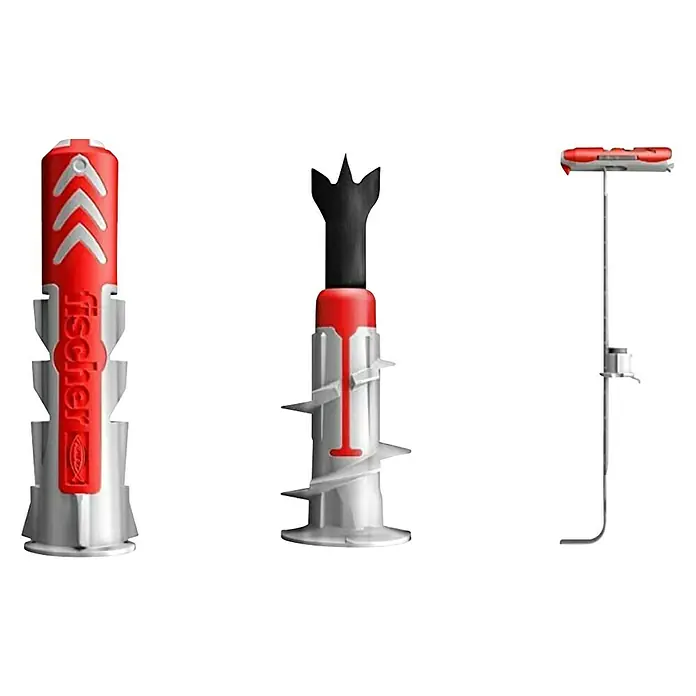 Fischer Surtido de tacos y tornillos Duoline - 91 pzs. - La imagen muestra tres tacos fischer UX Long para una fijación segura, presentados en diferentes vistas para una visión completa del producto.