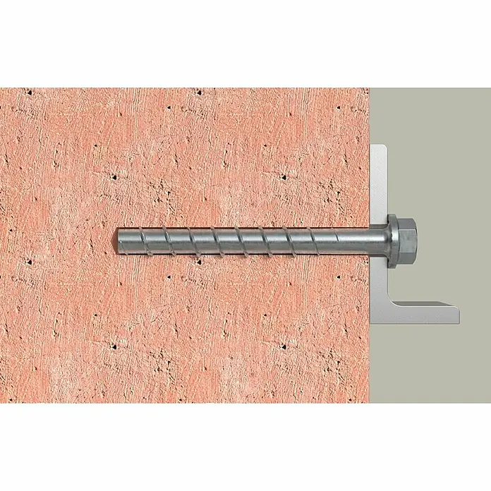 Fischer Surtido de tacos y tornillos Duoline - 91 pzs. - Un anclaje de tornillo con cabeza hexagonal está fijado en una pared de hormigón, ofreciendo un punto de unión fuerte y seguro.