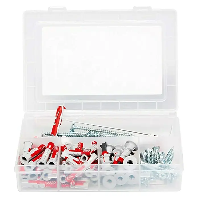 Fischer Surtido de tacos y tornillos Duoline - 91 pzs. - Una caja de surtido transparente llena de tornillos, tacos y arandelas, ideal para aficionados al bricolaje y aplicaciones profesionales.