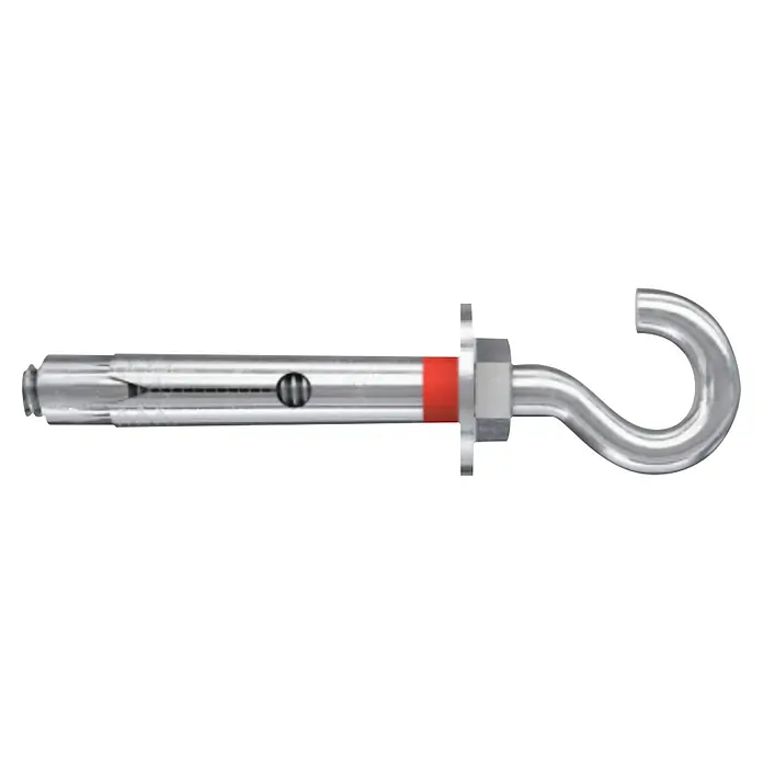 Fischer Taco de anclaje para cargas pesadas FSL - Ø x L: 8 x 60 mm, 4 ud. - Primer plano de un anclaje de expansión metálico con gancho, ideal para un montaje seguro en diversos materiales.