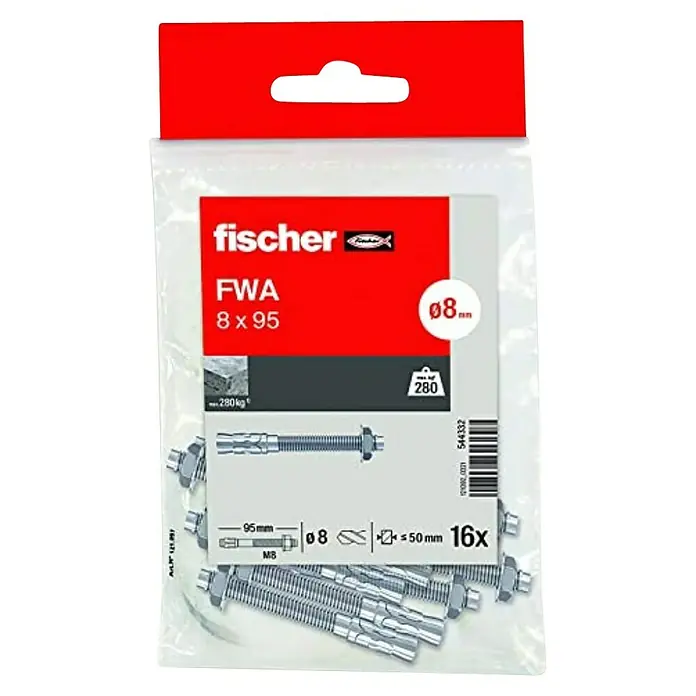 Fischer Perno de anclaje para cargas pesadas FWA - Ø x L: 8 x 95 mm, 16 ud. - Imagen de un paquete de anclajes Fischer FWA 8x95, diseñados para la fijación de cargas pesadas en hormigón. El paquete contiene 16 anclajes.