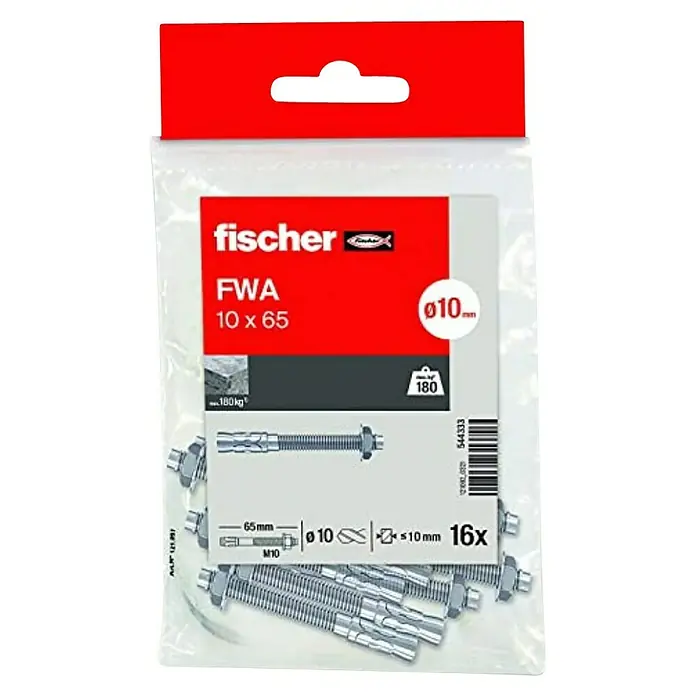 Fischer Perno de anclaje para cargas pesadas FWA - Ø x L: 10 x 65 mm, 16 ud. - Un paquete de anclajes Fischer FWA 10 x 65, ideal para fijaciones pesadas en hormigón. Anclaje fiable y seguro para profesionales y aficionados al bricolaje.
