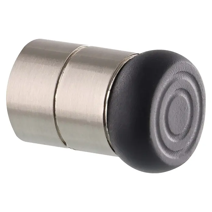Wagner System Wandtürstopper EH5114 - 1 Stk., Edelstahl-Optik - Nahaufnahme eines silbernen magnetischen Türstoppers mit einer schwarzen Gummispitze, der Schutz und Funktionalität vereint.