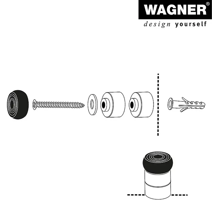Wagner System Wandtürstopper EH5114 - 1 Stk., Edelstahl-Optik - Eine schematische Darstellung einer WAGNER Türstopper-Komponente mit einer Schraube und einem Dübel.